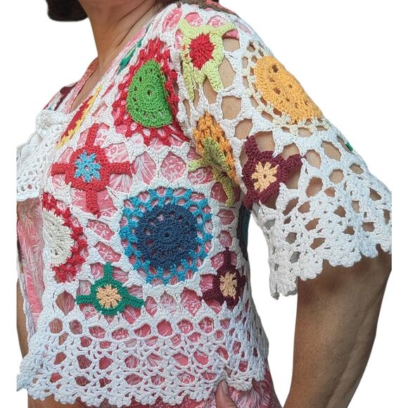 Crafty VTG Style Crochet Granny Flowers Crop Cardigan SM Multi Festival - Picture 4 of 16